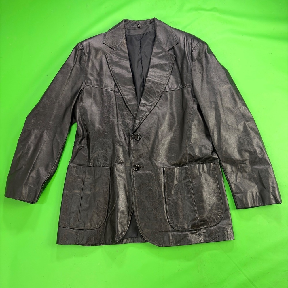 VTG 80s Sears The Leather Shop Blazer Mens 42 Black Genuine Sport Coat Argentina